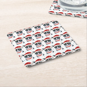 Porta-copo De Papel Quadrado Aquarela de Gato Preto e Branco Engraçado de Natal
