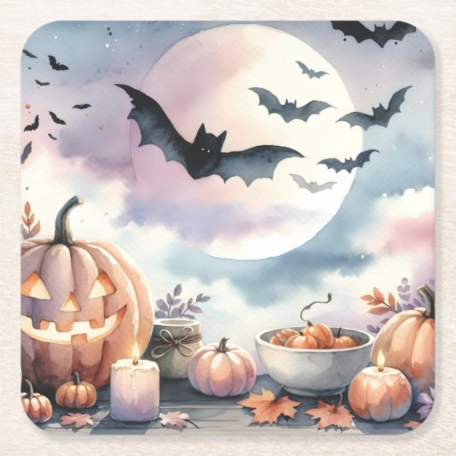 Porta-copo De Papel Quadrado Aquarela de Halloween (Frente)