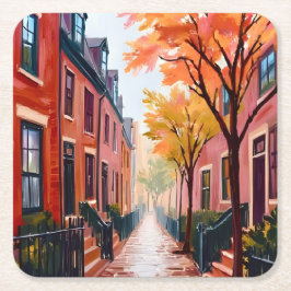 Porta-copo De Papel Quadrado Aquarela de Outono em Boston Beacon Hill Massachus