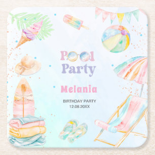 Porta-copo De Papel Quadrado Aquarela festa de aniversário na piscina verão