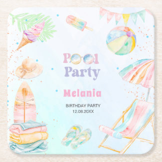 Porta-copo De Papel Quadrado Aquarela festa de aniversário na piscina verão