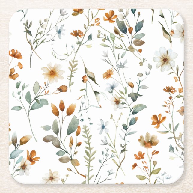 Porta-copo De Papel Quadrado Aquarela flor selvagem estilo Boho (Frente)