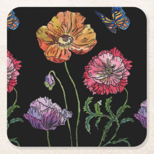 Porta-copo De Papel Quadrado Aquarela Floral Laranja Preto Papoula 