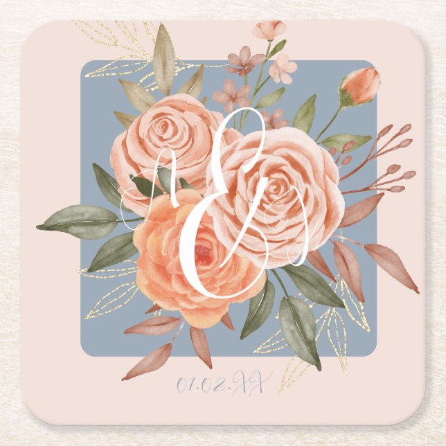 Porta-copo De Papel Quadrado Aquarela Floral Rosas Bege Rosa Poento Dourado (Frente)