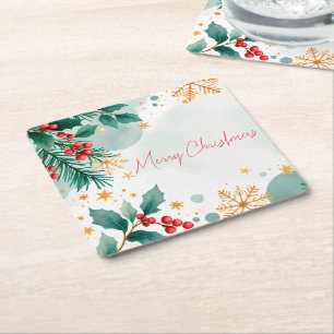 Porta-copo De Papel Quadrado Aquarela Merry Christmas Square Paper Porta copos