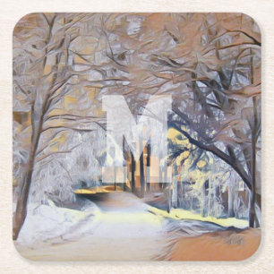 Porta-copo De Papel Quadrado Aquarela moderna de árvores nevadas coloridas