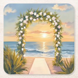 Porta-copo De Papel Quadrado Arco de Casamento na Praia Floral Aquarela