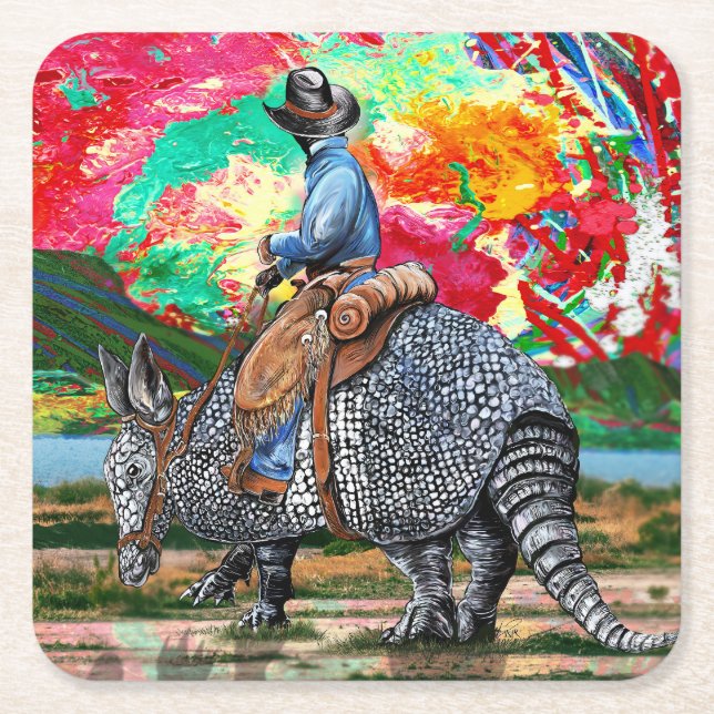 Porta-copo De Papel Quadrado Armadillo Cowboy (Frente)