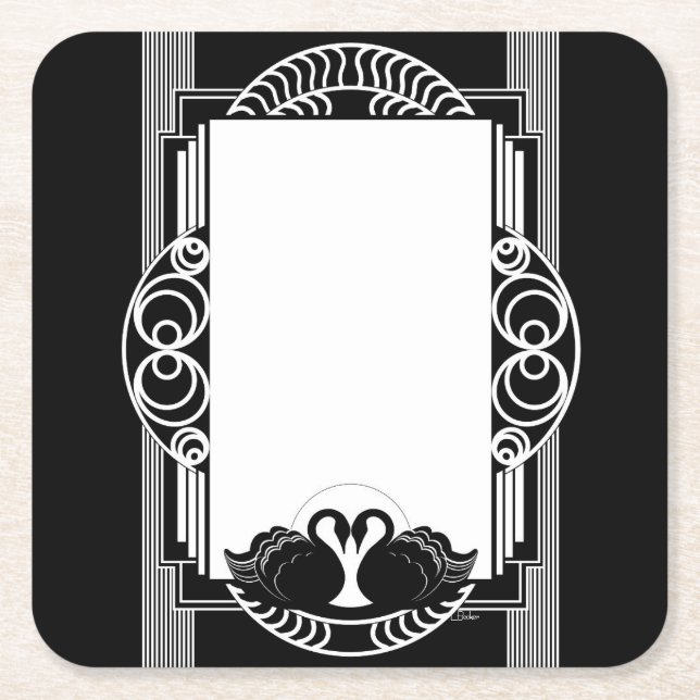 Porta-copo De Papel Quadrado Art Deco Parisian Black and White Swans (Frente)