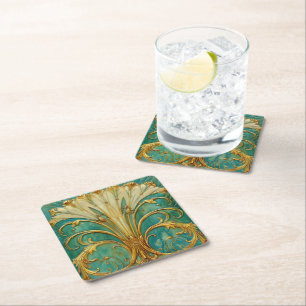 Porta-copo De Papel Quadrado Art Deco Retro Dourado Turquesa Flor de Trombeta