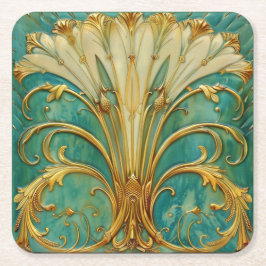 Porta-copo De Papel Quadrado Art Deco Retro Dourado Turquesa Flor de Trombeta