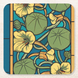 Porta-copo De Papel Quadrado Art Nouveau Nasturtium Azul Dourado floral Verneui