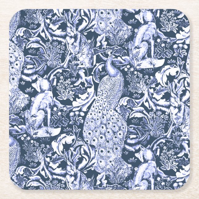 Porta-copo De Papel Quadrado Art Nouveau Peacock Impressão, Marinho e Branco (Frente)