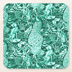 Porta-copo De Papel Quadrado Art Nouveau Peacock Impressão, Turquoise e Aqua