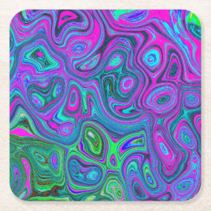 Porta-copo De Papel Quadrado Arte Abstrato Groovy Marmoreado em Magenta e Verde