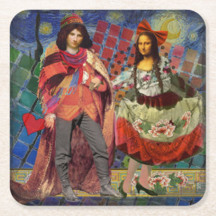 Porta-copo De Papel Quadrado Arte Colorida Divertida e Romântica da Mona Lisa