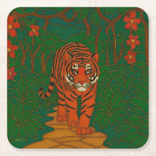Porta-copo De Papel Quadrado Arte de Cloisonne Tigre no Caminho da Selva