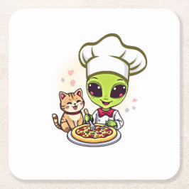 Porta-copo De Papel Quadrado Arte de desenho animado de gato chef alienígena pi