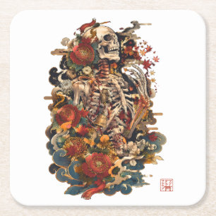 Porta-copo De Papel Quadrado Arte de Esqueleto Japonês Caveira Floral Gótica