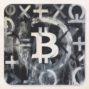 Porta-copo De Papel Quadrado Arte de Rua da Moeda Bitcoin (Pintura Preta Nº 4)