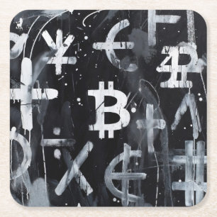 Porta-copo De Papel Quadrado Arte de Rua da Moeda Bitcoin (Pintura Preta Nº 6)