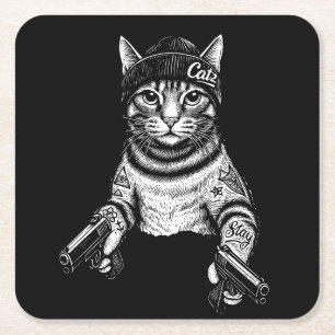 Porta-copo De Papel Quadrado Arte de Tatuagem de Gato Gangster Kitty Legal de
