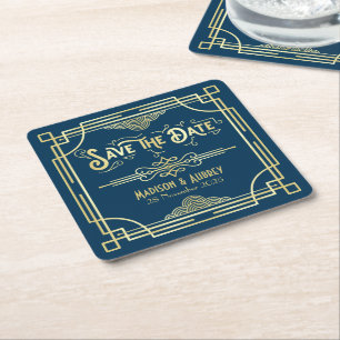 Porta-copo De Papel Quadrado Arte Deco Casamento Elegante Dourado Azul Salvar D