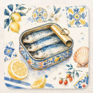 Porta-copo De Papel Quadrado Arte em Aquarela de Sardinha Siciliana