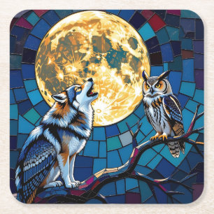 Porta-copo De Papel Quadrado Arte em Mosaico de Lobo e Coruja