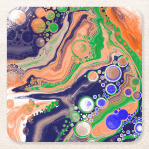 Porta-copo De Papel Quadrado Arte Fluida de Pintura Azul, Coral e Verde