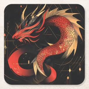Porta-copo De Papel Quadrado Arte Majestosa Vermelha e Dourada do Dragão Chinês