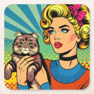 Porta-copo De Papel Quadrado Arte Pop Comic Cartoon Mulheres Segurando Gato