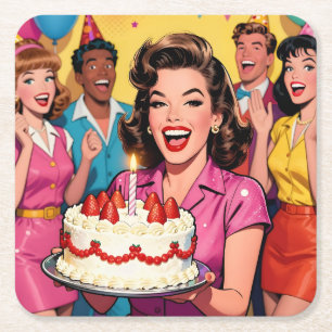 Porta-copo De Papel Quadrado Arte Pop Cômica Retro Divertida de Aniversário de