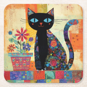 Porta-copo De Papel Quadrado Arte Popular de Gato Preto