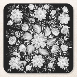 Porta-copo De Papel Quadrado Arte Popular Floral Preto e Branco Monocromático