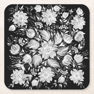Porta-copo De Papel Quadrado Arte Popular Floral Preto e Branco Monocromático