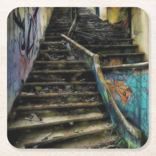 Porta-copo De Papel Quadrado Arte Urbana em Escadas de Edifício Abandonado
