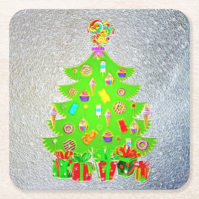 Porta-copo De Papel Quadrado Árvore Candi de Natal (Frente)
