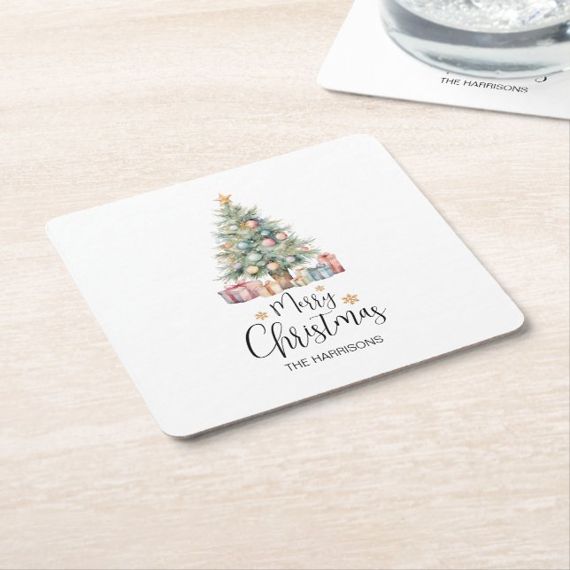Porta-copo De Papel Quadrado Árvore de Natal de Aquarela Elegante Personalizada (Inclinado)