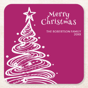 Porta-copo De Papel Quadrado Árvore de Natal de festa cor-de-rosa magenta branc