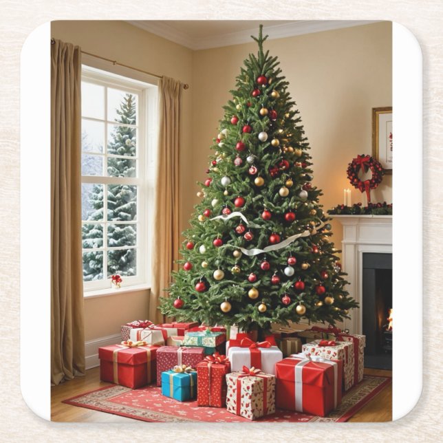 Porta-copo De Papel Quadrado Árvore de Natal e porta copos (Frente)