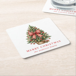 Porta-copo De Papel Quadrado Árvore de Natal em Aquarela Elegante com Laço de X