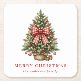 Porta-copo De Papel Quadrado Árvore de Natal em Aquarela Elegante com Laço de X