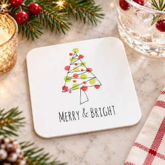 Porta-copo De Papel Quadrado Árvore de Natal em Aquarela Merry and Bright Perso
