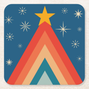 Porta-copo De Papel Quadrado Árvore de Natal Minimalista Vermelha e Azul Retro
