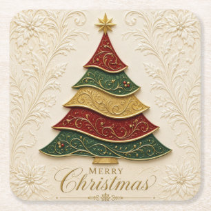 Porta-copo De Papel Quadrado Árvore de Natal Ornamentada a Ouro