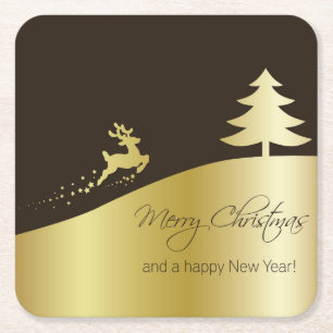 Porta-copo De Papel Quadrado Árvore de Natal ouro com Reindeer