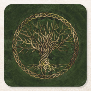 Porta-copo De Papel Quadrado Árvore de vida - Yggdrasil - verde e ouro