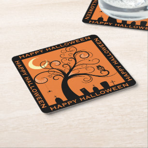 Porta-copo De Papel Quadrado Árvore e Cemitério Laranja Arte Feliz Halloween