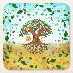 Porta-copo De Papel Quadrado Árvore Whimsical da Vida - Yggdrasil